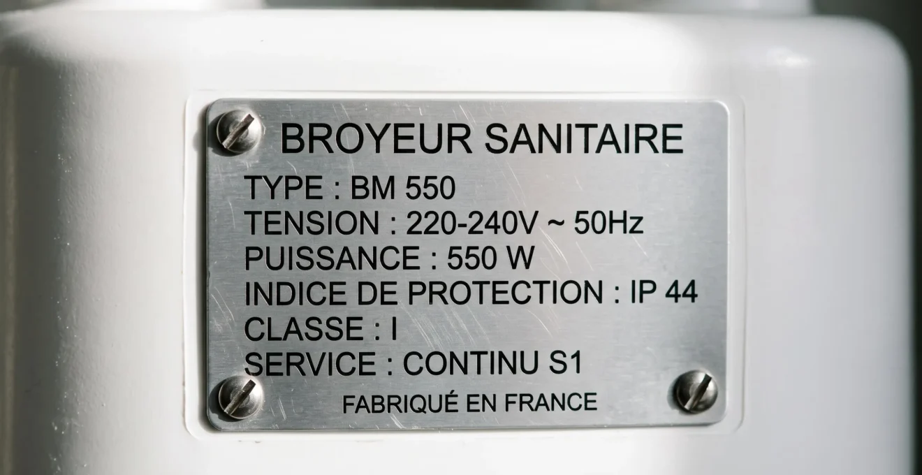 Gros plan sur la plaque signalétique d'un sanibroyeur affichant la puissance moteur de 550 W et l'alimentation électrique 220-240 V