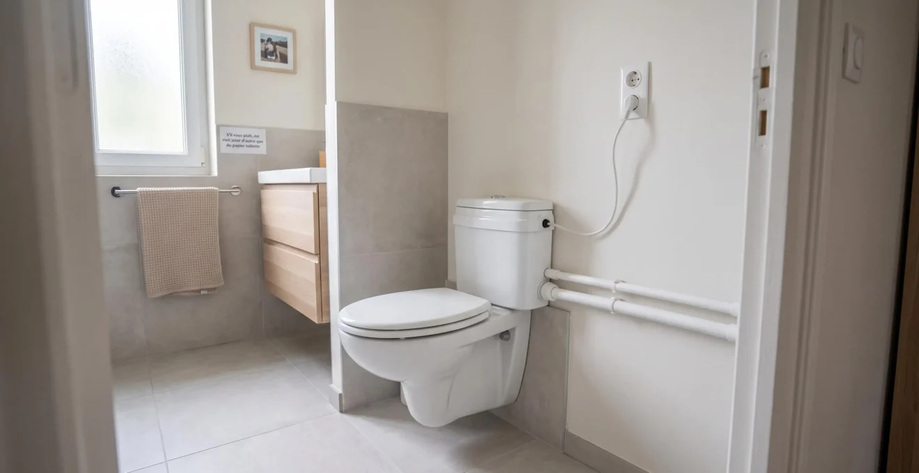 Sanibroyeur blanc compact installé dans une salle d'eau moderne avec tuyaux d'évacuation PVC visibles le long du mur et prise électrique à proximité